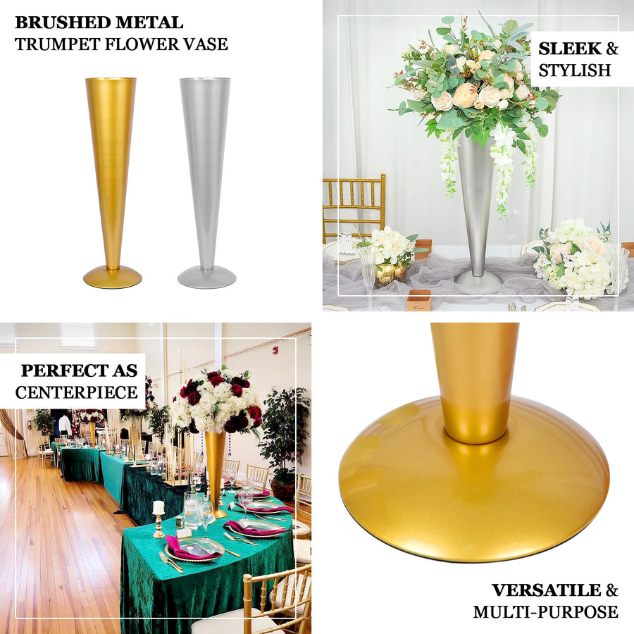 24Inch Tall Brushed Gold Metal Trumpet Flower Vase Wedding Centerpiece