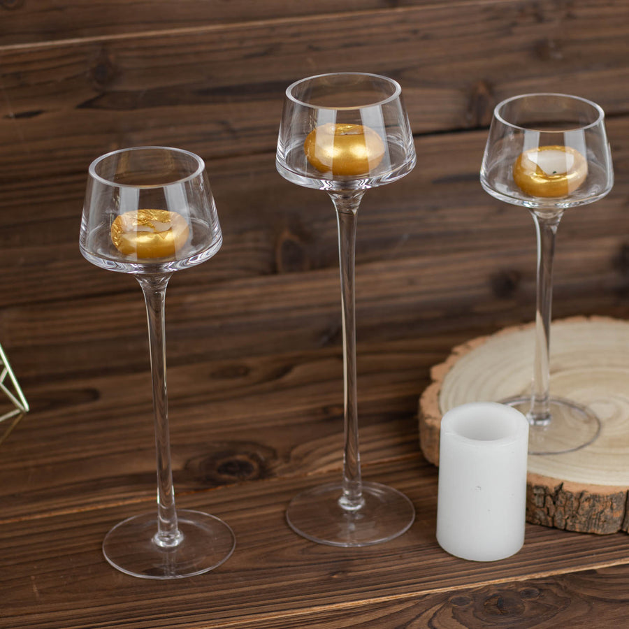 Set of 3 | Long-Stem Clear Glass Tealight Disc Candle Holders