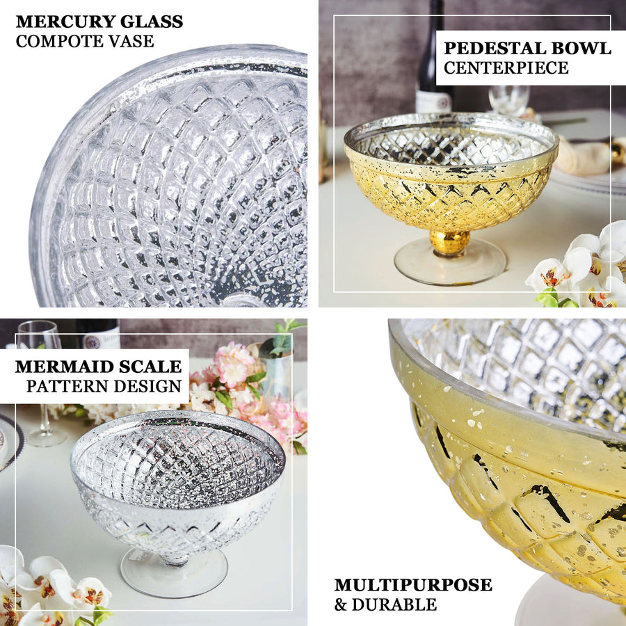 10inch Silver Mercury Glass Compote Vase, Pedestal Bowl Centerpiece