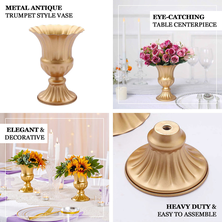 2 Pack | 6inch Gold Metal Trumpet Style Flower Table Pedestal Vase, Antique Mini Compote Vase
