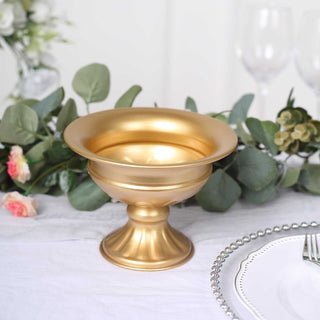 Add Elegance to Your Event with the 2 Pack | 4" Gold Metal Wine Goblet Style Flower Table Pedestal Vase