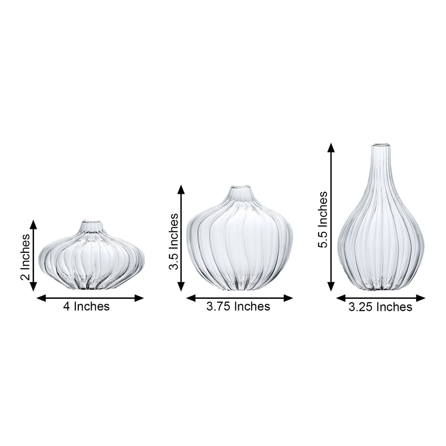 Set of 3 | Clear Glass Ribbed Design Mini Flower Bud Vases, Table Centerpiece Set - Assorted Sizes