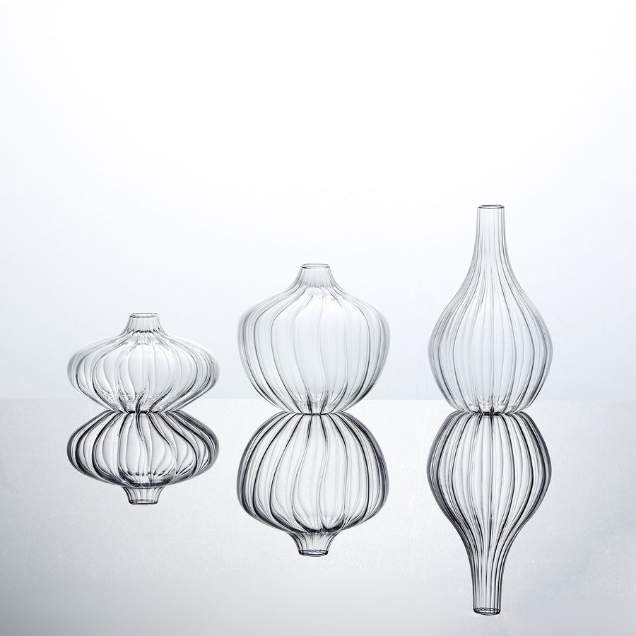Set of 3 | Clear Glass Ribbed Design Mini Flower Bud Vases, Table Centerpiece Set - Assorted#whtbkgd