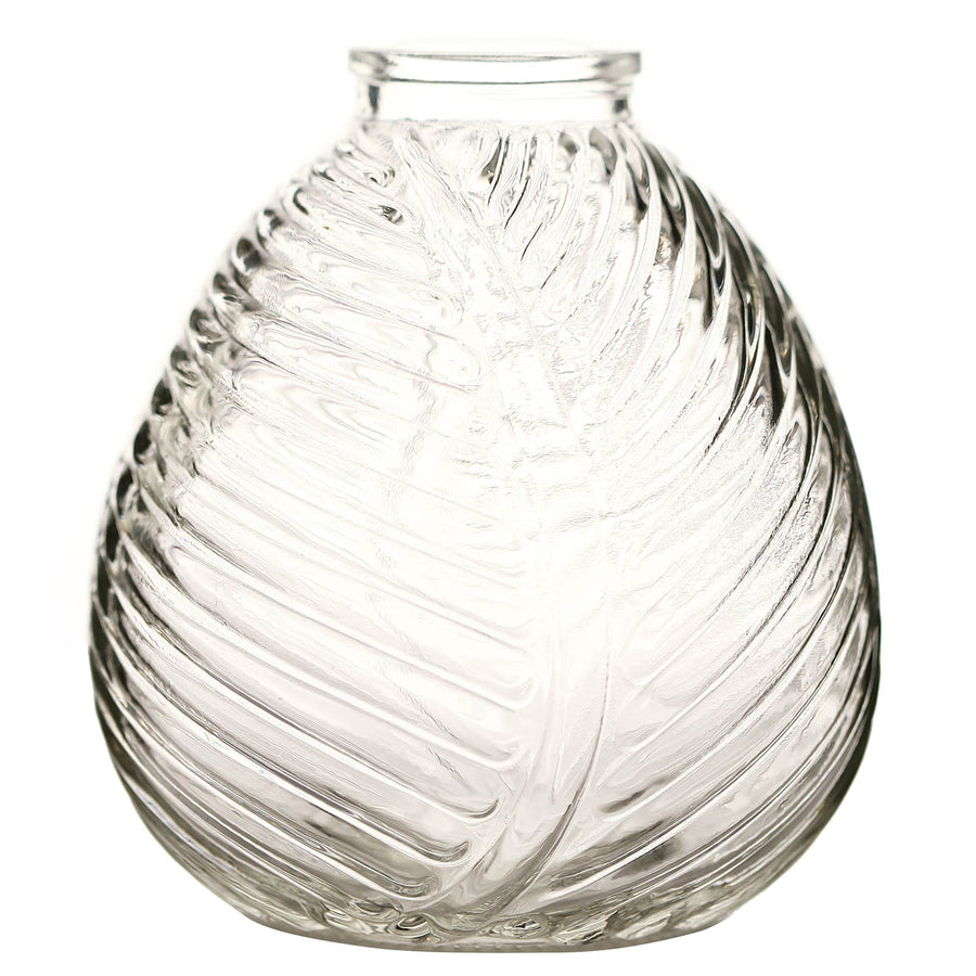 4 Pack | 5" Embossed Glass Bud Vases, Round Embossed Leaf Flower Vases - Clear#whtbkgd