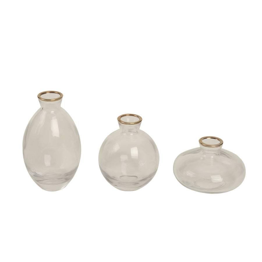 Set of 3 | Small Clear Glass Flower Bud Vases With Metallic Gold Rim#whtbkgd