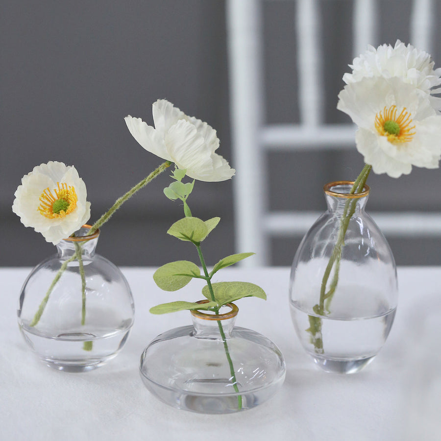 Set of 3 | Small Clear Glass Flower Bud Vases With Metallic Gold Rim