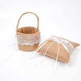 1 Set | Natural Burlap & Lace Flower Girl Petal Basket & Ring Bearer Pillow Wedding Set#whtbkgd