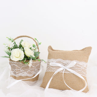 Natural Burlap and Lace Flower Girl Petal Basket and Ring Bearer Pillow Wedding Set