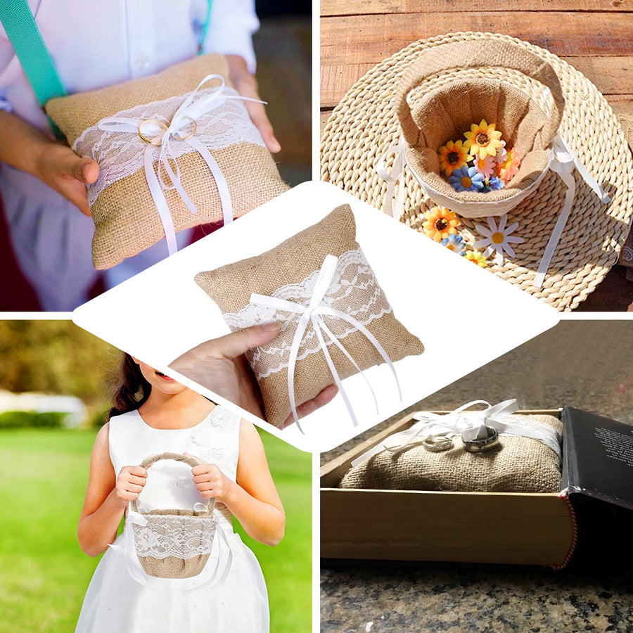 1 Set | Natural Burlap & Lace Flower Girl Petal Basket & Ring Bearer Pillow Wedding Set