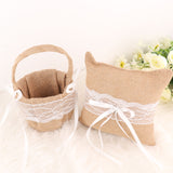 1 Set | Natural Burlap & Lace Flower Girl Petal Basket & Ring Bearer Pillow Wedding Set