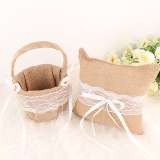 Natural Burlap and Lace Flower Girl Petal Basket and Ring Bearer Pillow Wedding Set