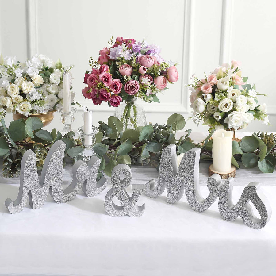 Silver Glittered Wooden Mr & Mrs Wedding Table Display Signs
