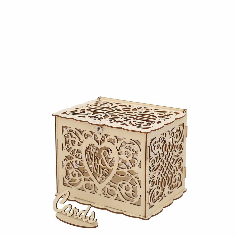 Natural Wooden Laser Cut Mr. & Mrs. Wedding Card Box With Label