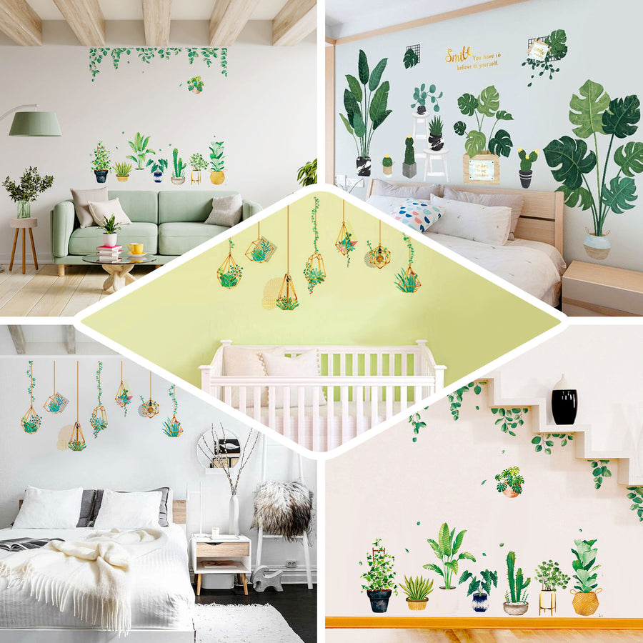 Green Tropical Potted Plants Planters with Hanging Leaves Wall Decals, Peel and Stick Decor Stickers