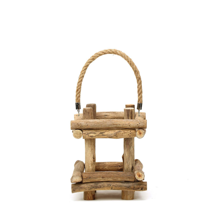 10" Rustic Multipurpose Wooden Lantern Centerpiece Hanging Candle Holder With Rope Handles