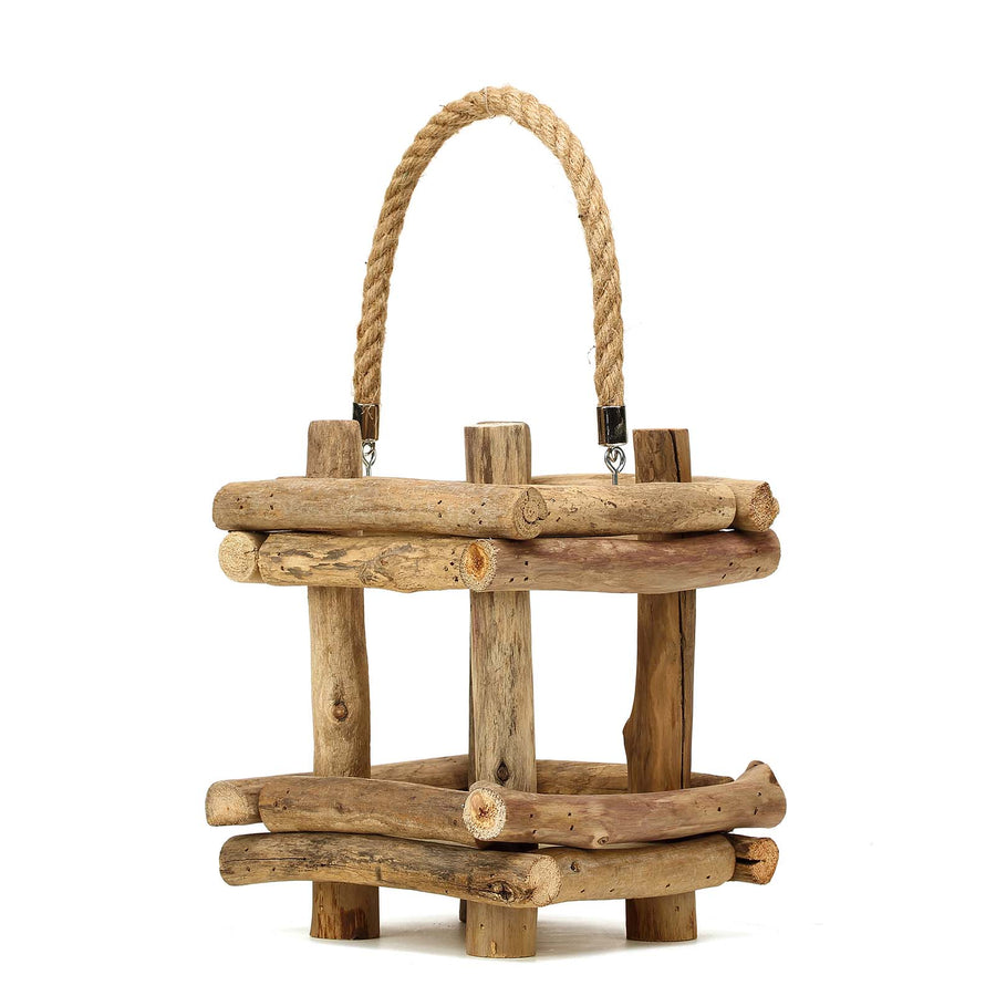 12" Rustic Multipurpose Wooden Lantern Centerpiece Hanging Candle Holder With Rope Handles#whtbkgd