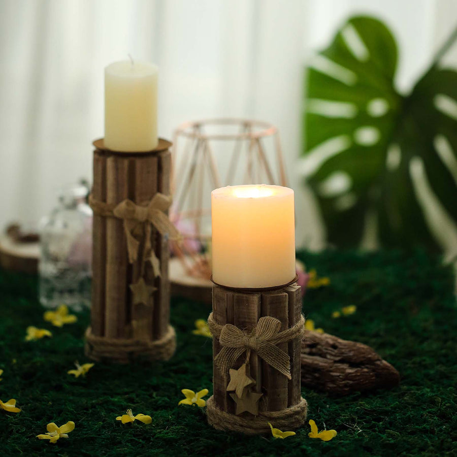 Set of 4 | Assorted Wooden Pillar Candle Holders With Braided Twines Burlap Ribbons and Hanging Stars - 8"/7"/5"/4"