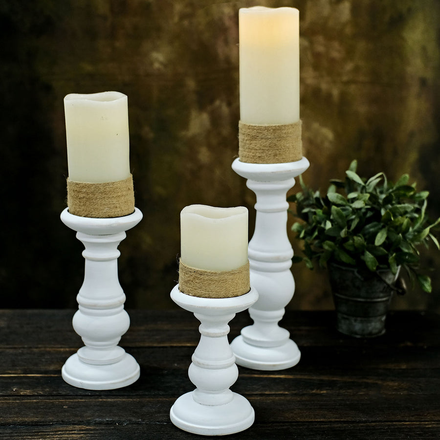 Set of 3 | White Wooden Pillar Candle Holders, Rustic Candle Pedestals
