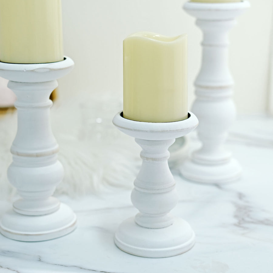 Set of 3 | White Wooden Pillar Candle Holders, Rustic Candle Pedestals