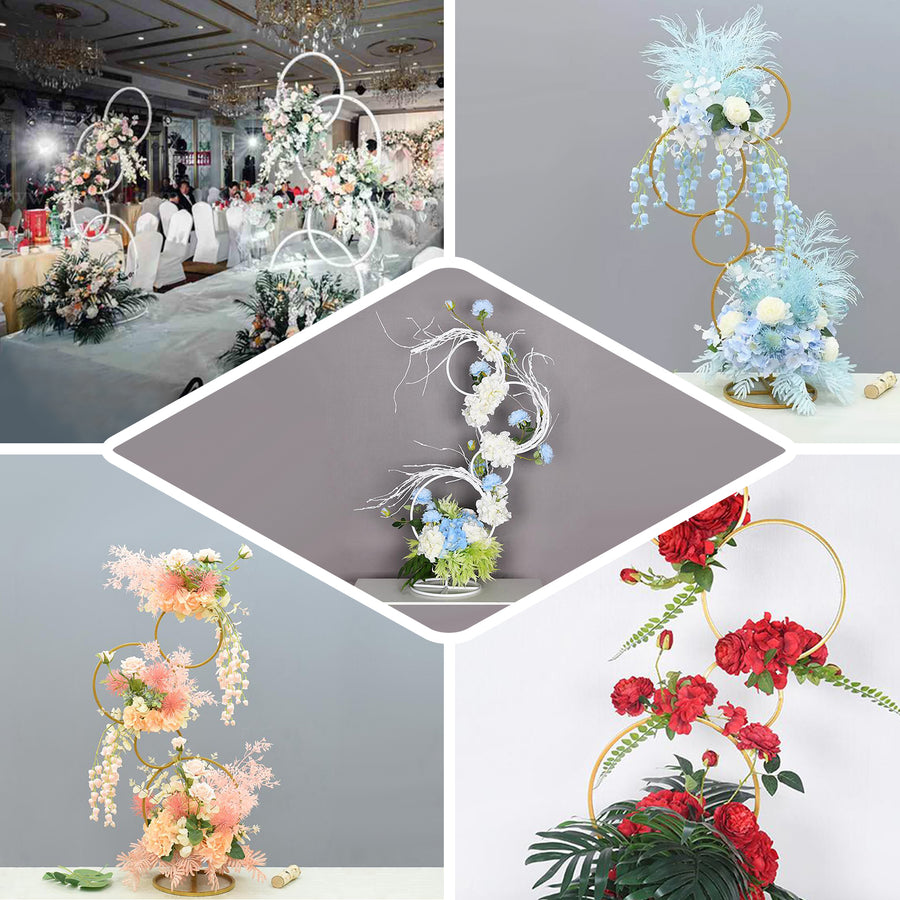 5Ft | 4-Tiered White Hoop Pillar Flower Stand, Metal Wedding Arch Table Centerpiece - Hoop Wreath