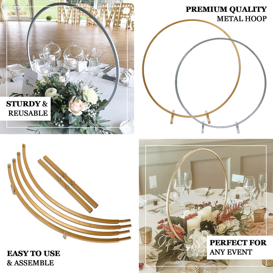 32Inch Silver Round Hoop Wedding Centerpiece, Self Standing Table Floral Wreath Frame