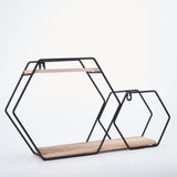  2-Tier Hexagon Floating Shelf, Dessert Display Stand With Black Double Geometric Design#whtbkgd