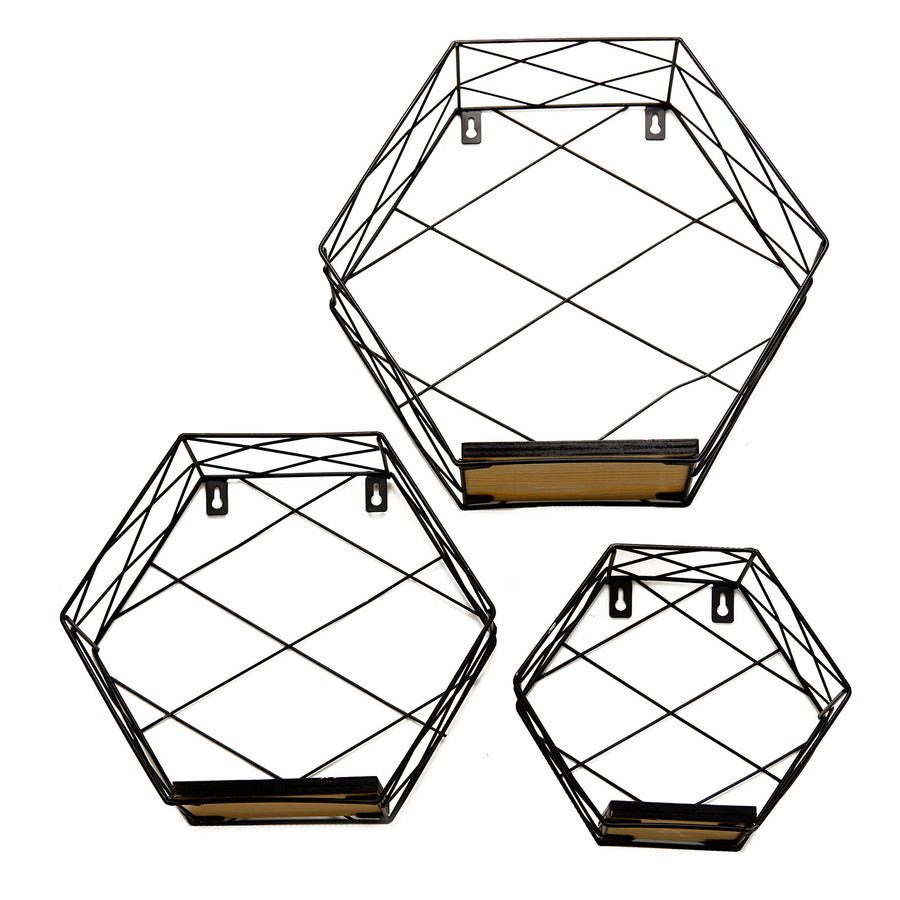 3 Pack Black Geometric Floating Shelves, Wall Mounted Decorative Hexagonal Wall Shelf#whtbkgd