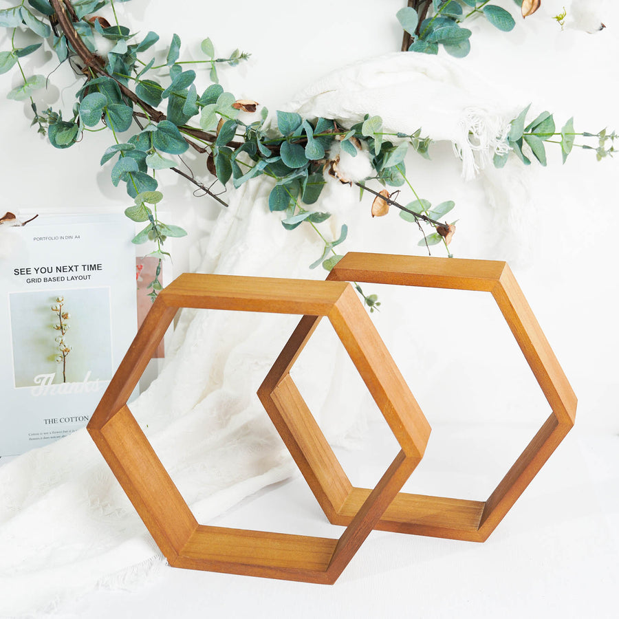 2 PC | Tall Hexagon Rustic Wood Centerpiece | Natural Geometric Terrarium | Honeycomb Storage Shelf