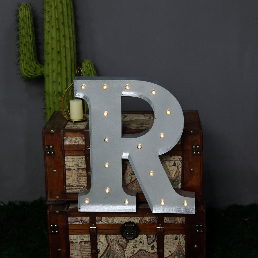 20" | Vintage Metal Marquee Letter Lights Cordless With 16 Warm White LED - R#whtbkgd