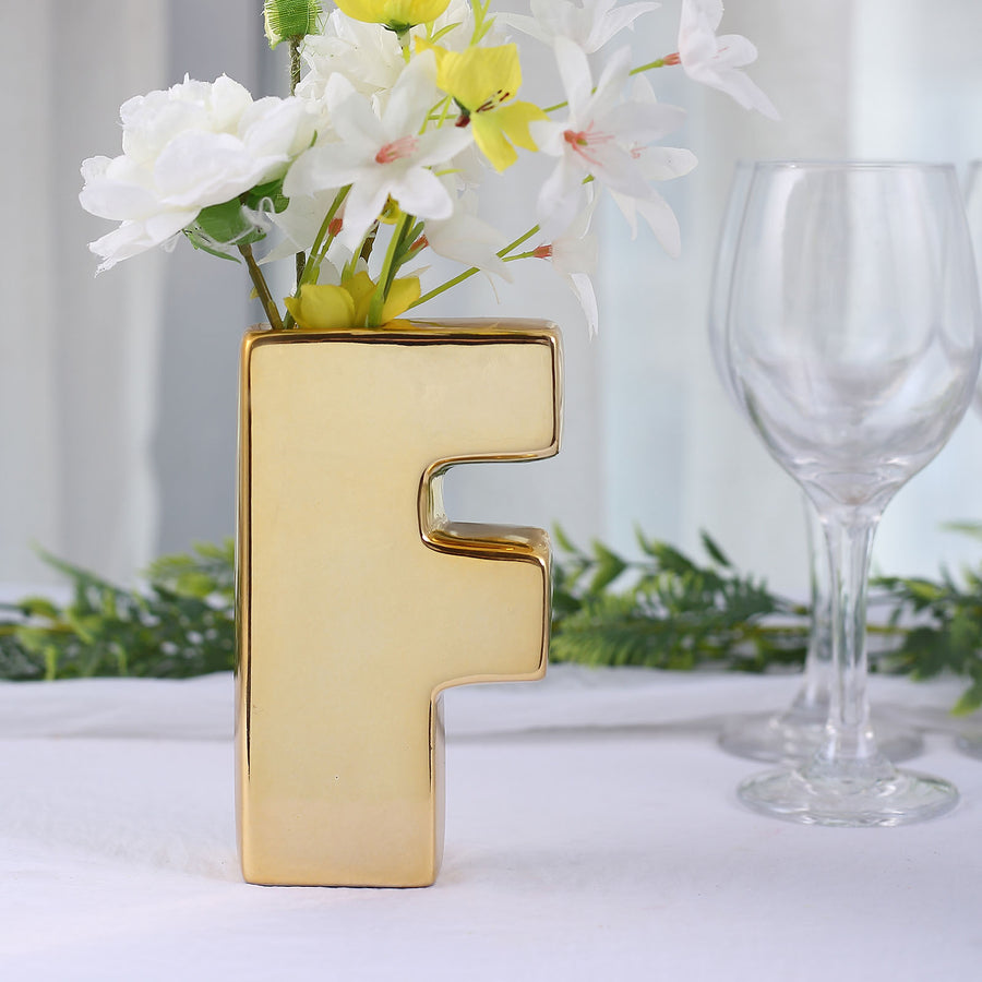 6inch Shiny Gold Plated Ceramic Letter "F" Sculpture Bud Vase, Flower Planter Pot Table Centerpiece