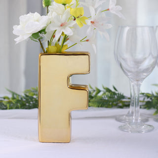 Add Elegance to Your Decor with the Shiny Gold Plated Ceramic Letter "F" Sculpture Bud Vase