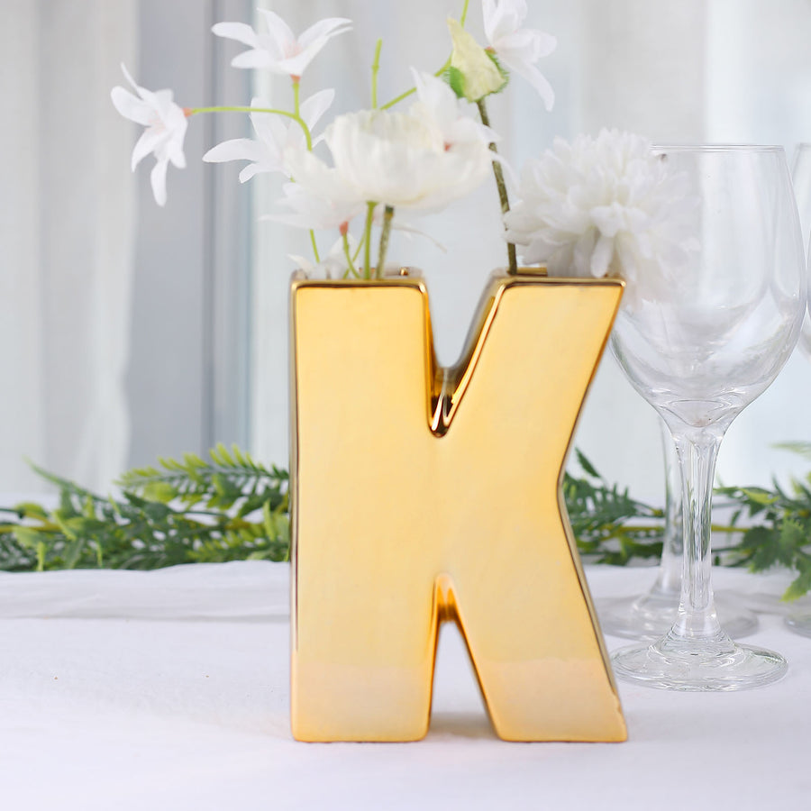 6inch Shiny Gold Plated Ceramic Letter "K" Sculpture Bud Vase, Flower Planter Pot Table Centerpiece