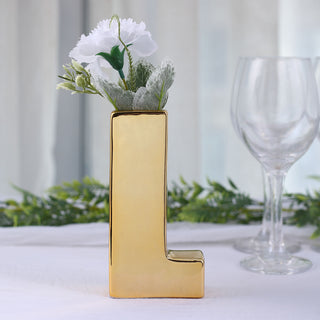 Add a Touch of Elegance to Your Décor with the Shiny Gold Plated Ceramic Letter L Bud Vase