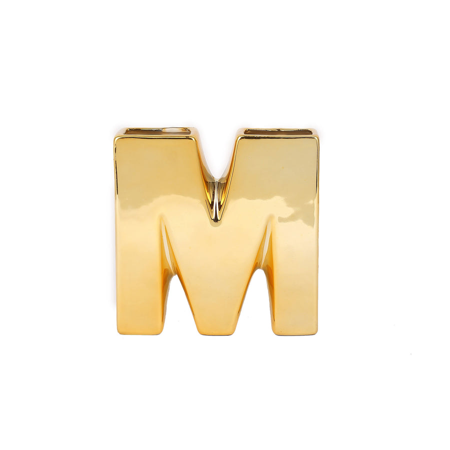 6inch Shiny Gold Plated Ceramic Letter "M" Sculpture Bud Vase, Flower Planter Pot Table #whtbkgd