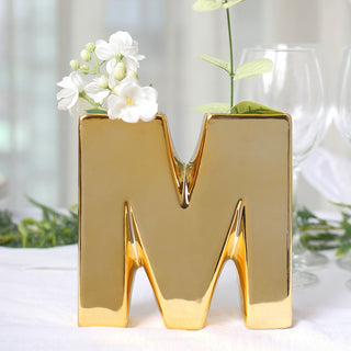 Add Elegance to Your Décor with the Shiny Gold Plated Ceramic Letter M Bud Vase