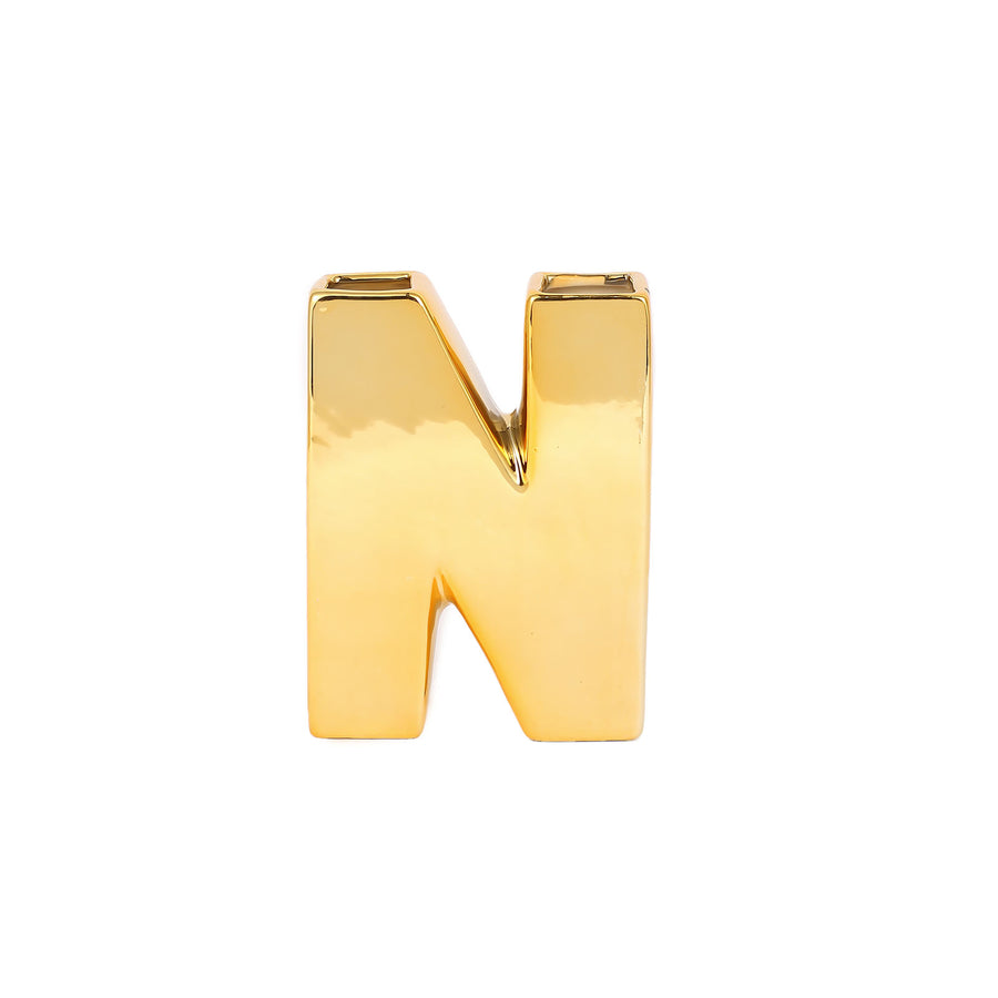 6inch Shiny Gold Plated Ceramic Letter "N" Sculpture Bud Vase, Flower Planter Pot Table #whtbkgd