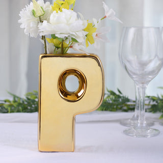 Add Elegance to Your Decor with the Shiny Gold Plated Ceramic Letter "P" Bud Vase