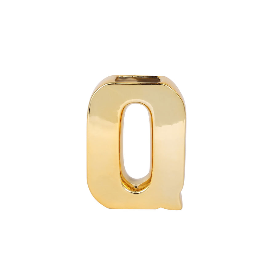 6inch Shiny Gold Plated Ceramic Letter "Q" Sculpture Bud Vase, Flower Planter Pot Table #whtbkgd