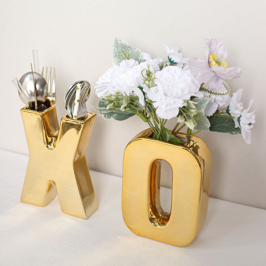 6inch Shiny Gold Plated Ceramic Letter "Q" Sculpture Bud Vase, Flower Planter Pot Table Centerpiece