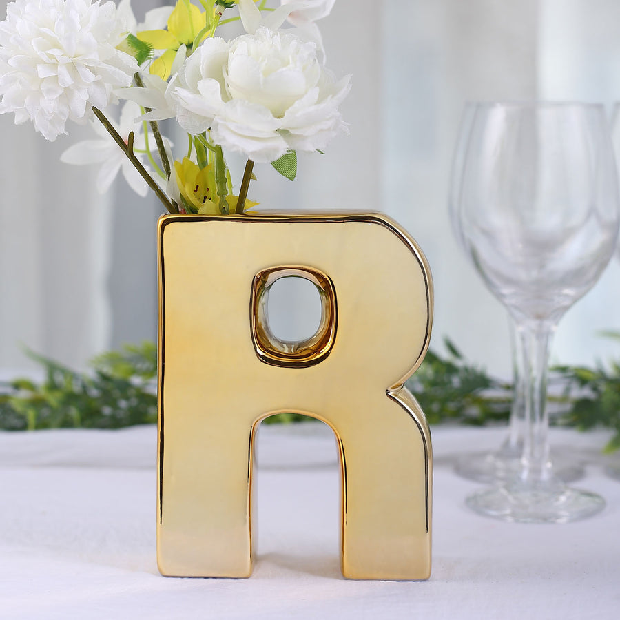 6inch Shiny Gold Plated Ceramic Letter "R" Sculpture Bud Vase, Flower Planter Pot Table
