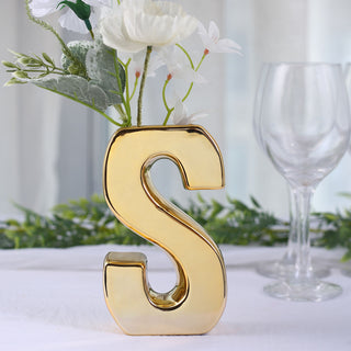 Add Elegance to Your Décor with the Shiny Gold Plated Ceramic Letter 'S' Sculpture Bud Vase