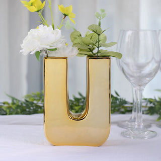 Add Glamour to Your Decor with the Shiny Gold Plated Ceramic Letter U Sculpture Bud Vase