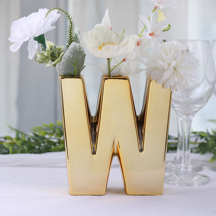 6inch Shiny Gold Plated Ceramic Letter "W" Sculpture Bud Vase, Flower Planter Pot Table Centerpiece