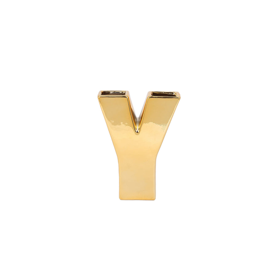 6inch Shiny Gold Plated Ceramic Letter "Y" Sculpture Bud Vase, Flower Planter Pot Table #whtbkgd