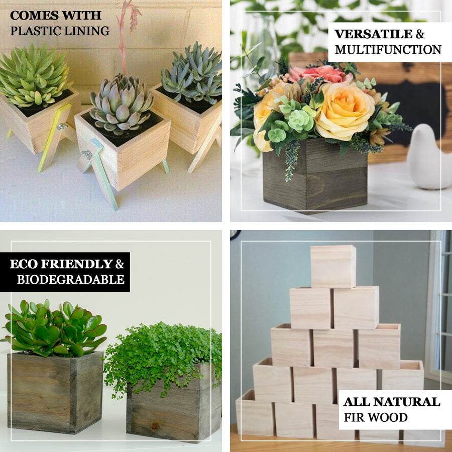 2 Pack | 5" Whitewash Square Unfinished Wooden Planter Box Set With Removable Plastic Liners