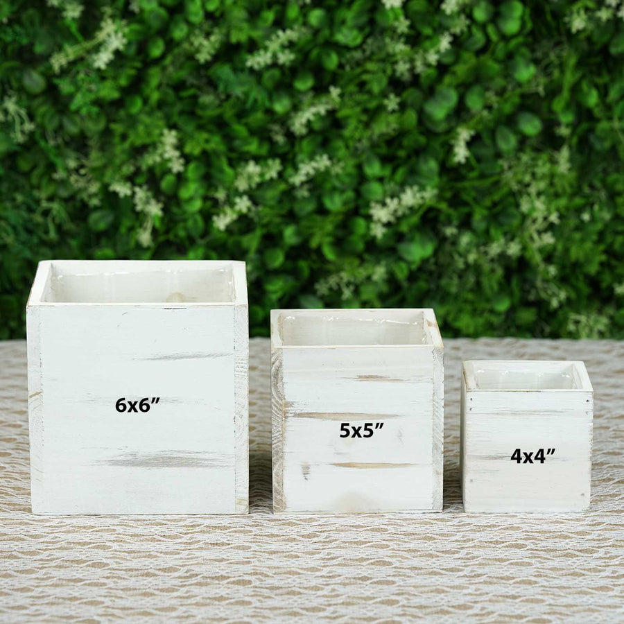 2 Pack | 5" Whitewash Square Wood Planter Box Set With Removable Plastic Liners