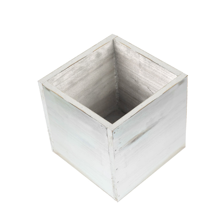 2 Pack | 6" Whitewash Square Wood Planter Box Set With Removable Plastic Liners #whtbkgd