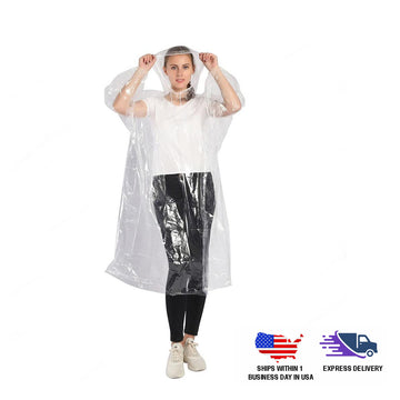 100% Waterproof Unisex Plastic Raincoat and Hood, One Size Disposable Rain Poncho