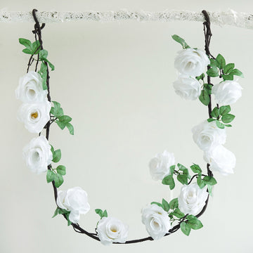 6ft White Artificial Silk Rose Hanging Flower Garland, Faux Vine