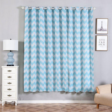 2 Pack | White/Baby Blue Chevron Design Thermal Blackout Curtains With Chrome Grommet Window Treatment Panels - 52"x84"